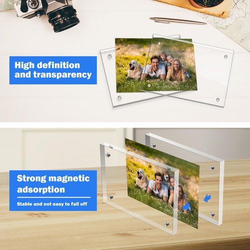 M-sorflly Small 4×4 Inches Acrylic Picture Frame,Clear Magnetic Picture Frame for Wedding,Double Sided Frameless Photo Frame for Desktop Free Standing,Display Stand Acrylic Frame