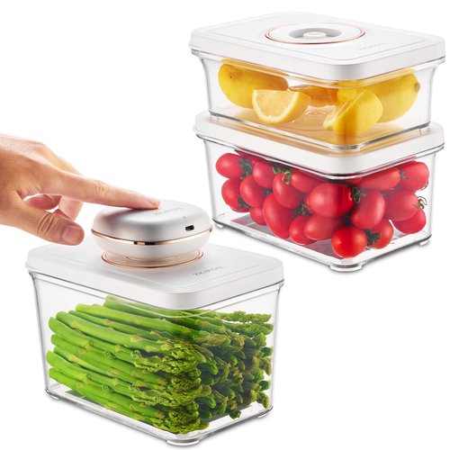 ZKIRON One-Touch Electric Vacuum Seal Food Storage Containers Set of 3 - Automatic Sealer Machine with Airtight Meal Prep Containers - BPA-Free & Stackable for Vegetables, Meat, Fruits (White)