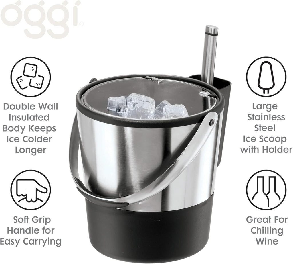 Oggi Insulated Ice Bucket, 4 Quart / 3.8 L, Stainless Steel, Black.