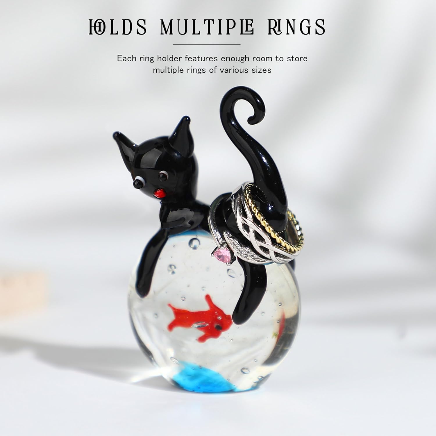 QFkris Blown Glass Black Cat Figurine - 1.6” Mini Glass Sculpture | Unique Cat and Fish Art Collectible for Home Decor & Gifts
