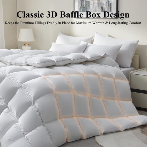 Ubauba Goose Feather Down Fiber Comforter Queen Size - All Season White Fluffy Duvet Insert - Luxurious Hotel Bedding Comforter - Ultra Soft 100% Cotton Cover, Medium Warmth (90x90 Inch)