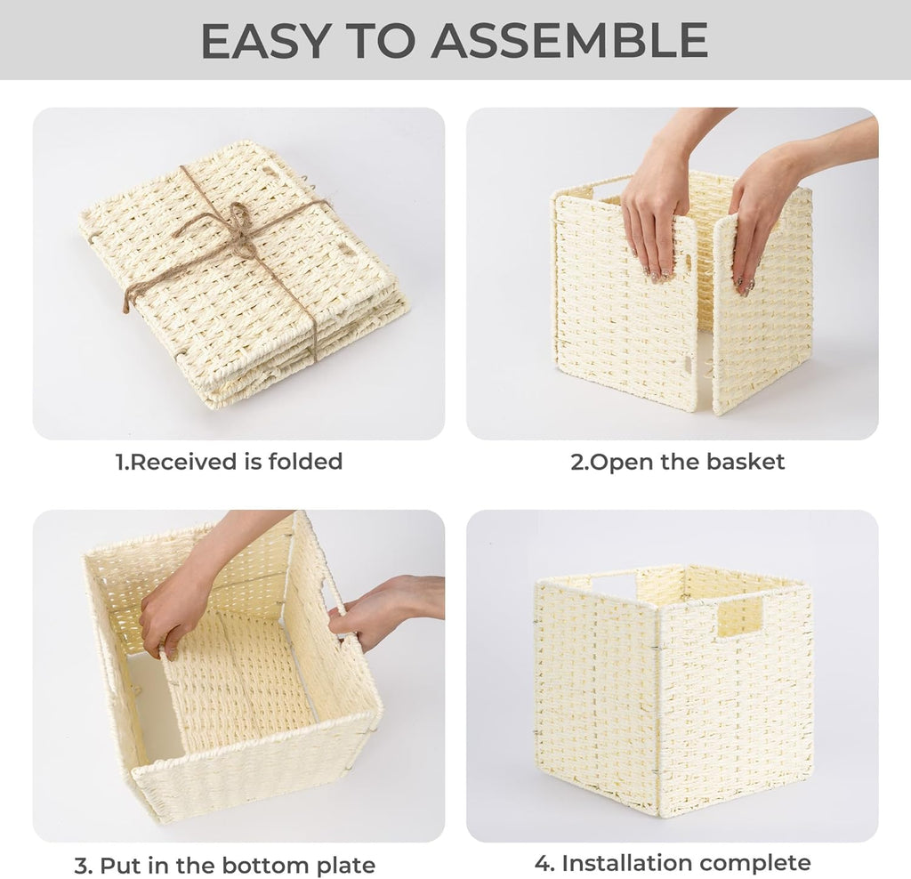 StorageWorks Wicker Baskets - Handwoven Storage Cubes with Handles, Foldable Beige Paper Rope, 2 Pack