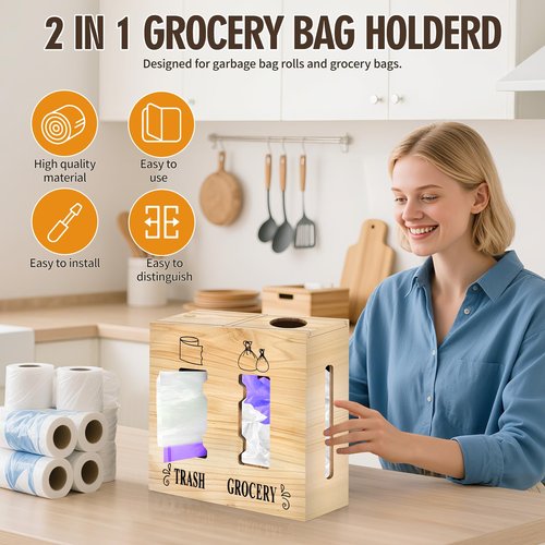 CMXZSAM 2 in 1 Trash Bag Dispenser and Grocery Bag Holder, Large Wooden Plastic Bag Holder, Wall Mount Trash Bags Holder for Grocery and Plastic Bags, Kitchen and Laundry Room Organization