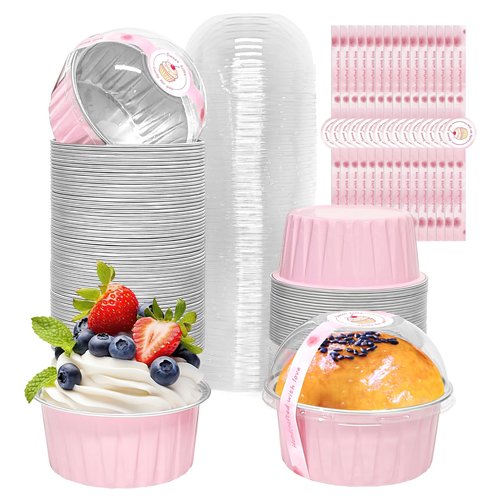 100 Pack 5oz Cupcake Pans with Dome Lids, Disposable Ramekin Cupcake Liners,Reusable Mini Muffin Case Dessert Containers for Birthday Wedding Party - Pink