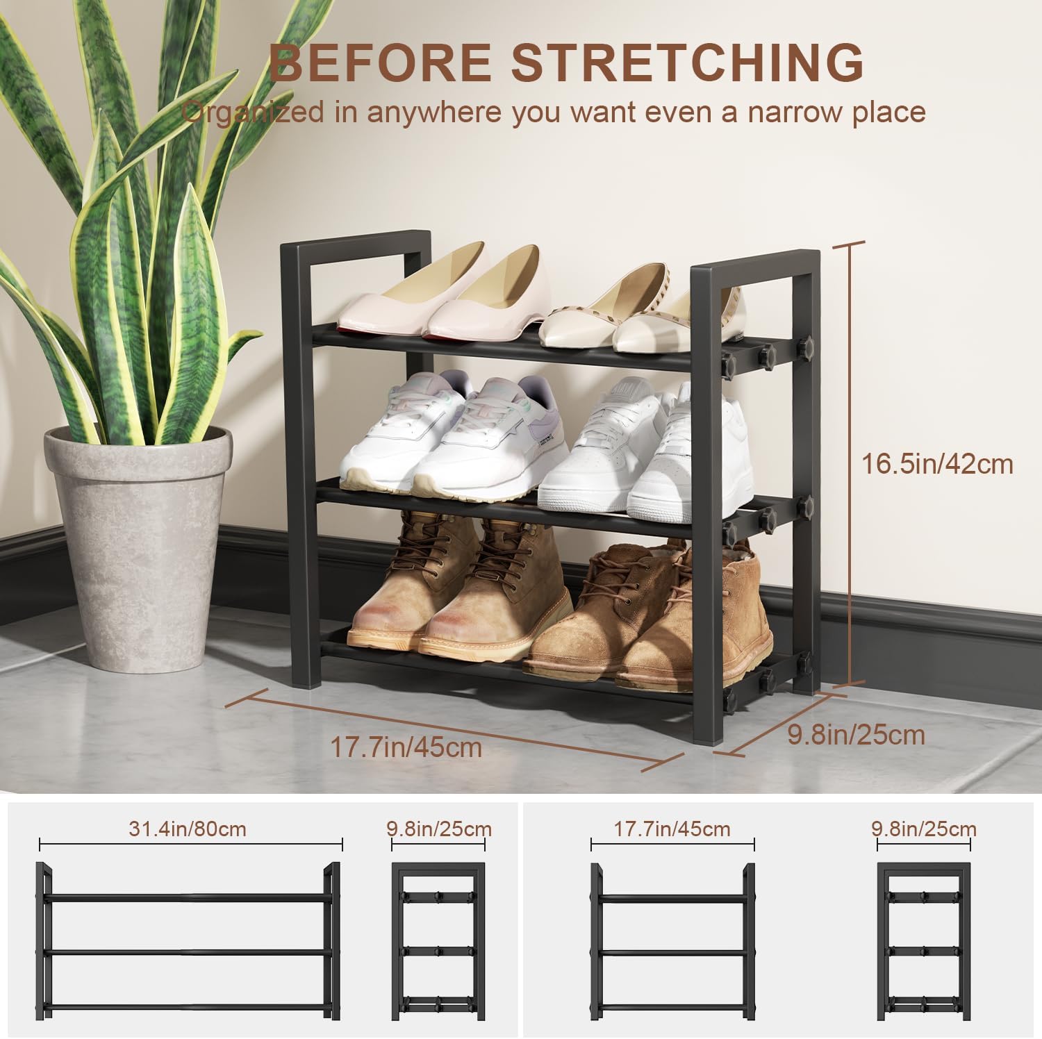 Skiennix 3-Tier Expandable Shoe Rack - Adjustable Heavy-Duty Metal Storage Organizer | Black