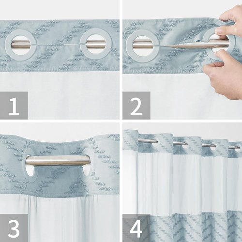 eachope No Hook Boho Farmhouse Shower Curtain with Snap-in Fabric Liner set-71Wx74H(72H),Tufted Chevron Striped Hotel Grade Cloth Shower Curtains for Bathroom with Window,Water Repellent,Fog Blue