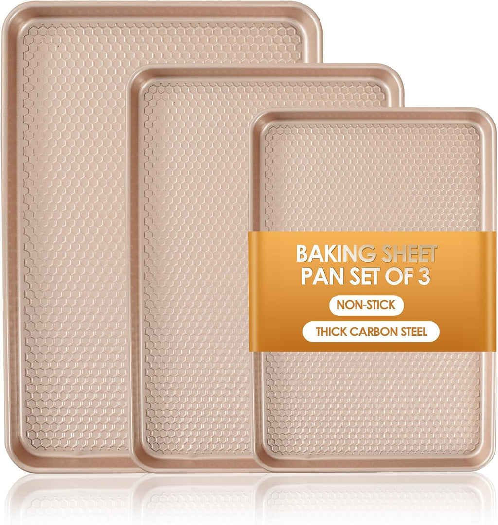 Skiennix Baking Sheet Pan Set - Nonstick Carbon Steel Cookie Sheets | Heavy Duty & Easy Clean, Rose Gold - 3-Piece Set