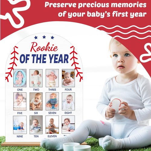 Baseball First Year Photo Board Rookie of the Year Birthday Party Decoration Wooden Board 12 Monthly Milestone Picture Frame Sport 1st Birthday Banner for Babyboy Keepsake Gift Supply(Fit 2x2.8in Pic)