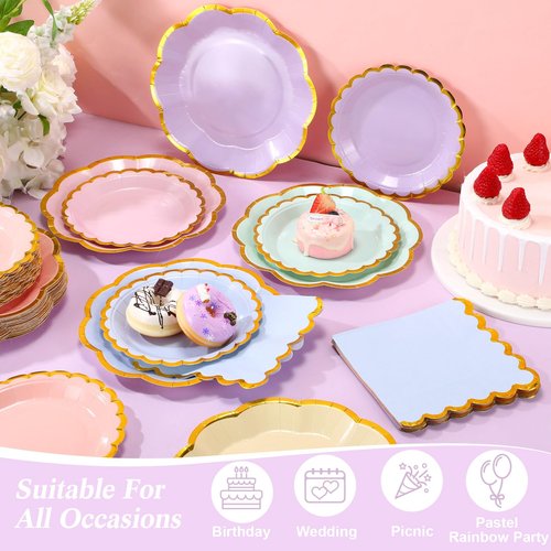 Skybooly 144 Pcs 48 Guests Pastel Rainbow Party Paper Plates and Napkins Sets Heavy Duty Pastel Scalloped Party Plates Napkins Disposable Rainbow Supplies Decoration for Bridal Baby Shower Wedding