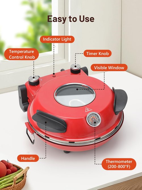 KEENSTAR Pizza Oven Indoor 12-Inch, Countertop Glazed Ceramic Stone Pizza maker with Adjustable Timer, 1200W Heat up to 800°F, Electric Pizza Cooker with Viewing Window Baked Pizzeria Style at Home