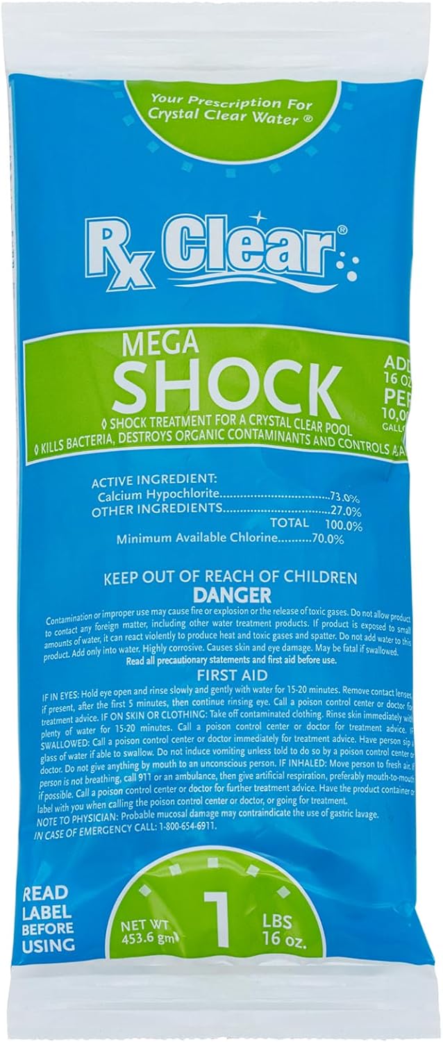 Rx Clear Mega Shock - 73% Calcium Hypochlorite Pool Sanitizer & Algaecide | 1 lb Bag
