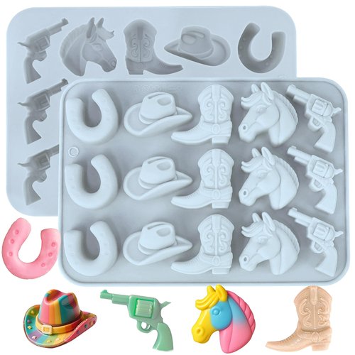 Cowboy Chocolate Molds, 2 Pcs Western Silicone Candy Fondant Mold, Cowboy Hat Boot Horse Saddle Shaped Mould, for DIY Baking Cupcake Cake Party Desserts Decorations (Light Blue)
