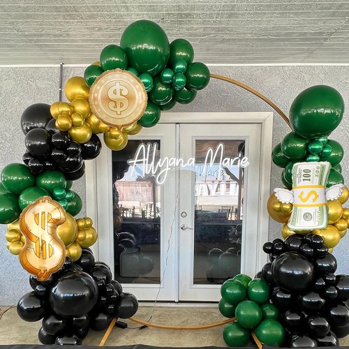 150Pcs Dollar Balloon Arch Kit, Green Metallic Gold Black Balloons with Dollar Foil Balloons for Birthday Money Theme Casino Anniversary Poker Night Party Decorations