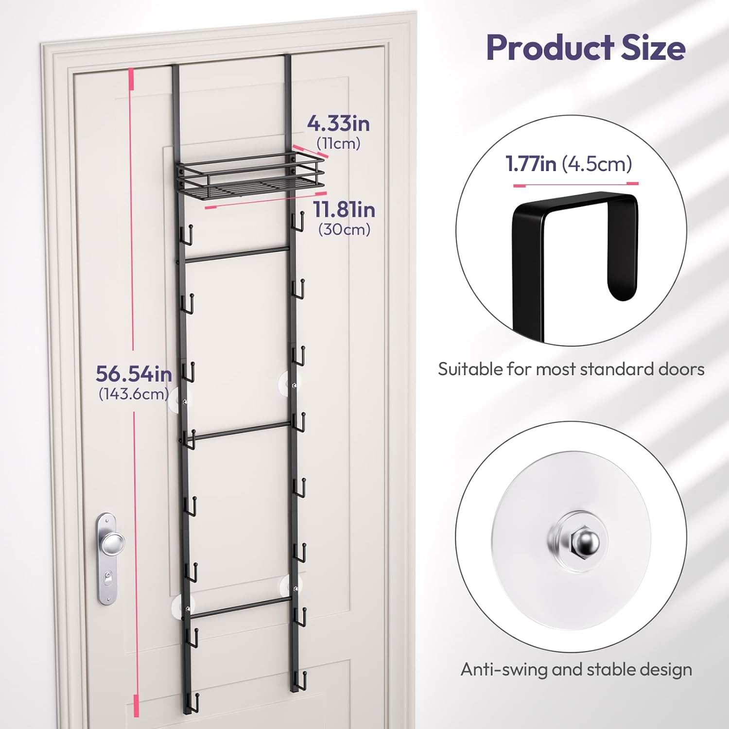 SWTYMIKI Over The Door Purse Organizer - Wall Mounted Handbag Storage Rack with 16 Hooks & Metal Basket