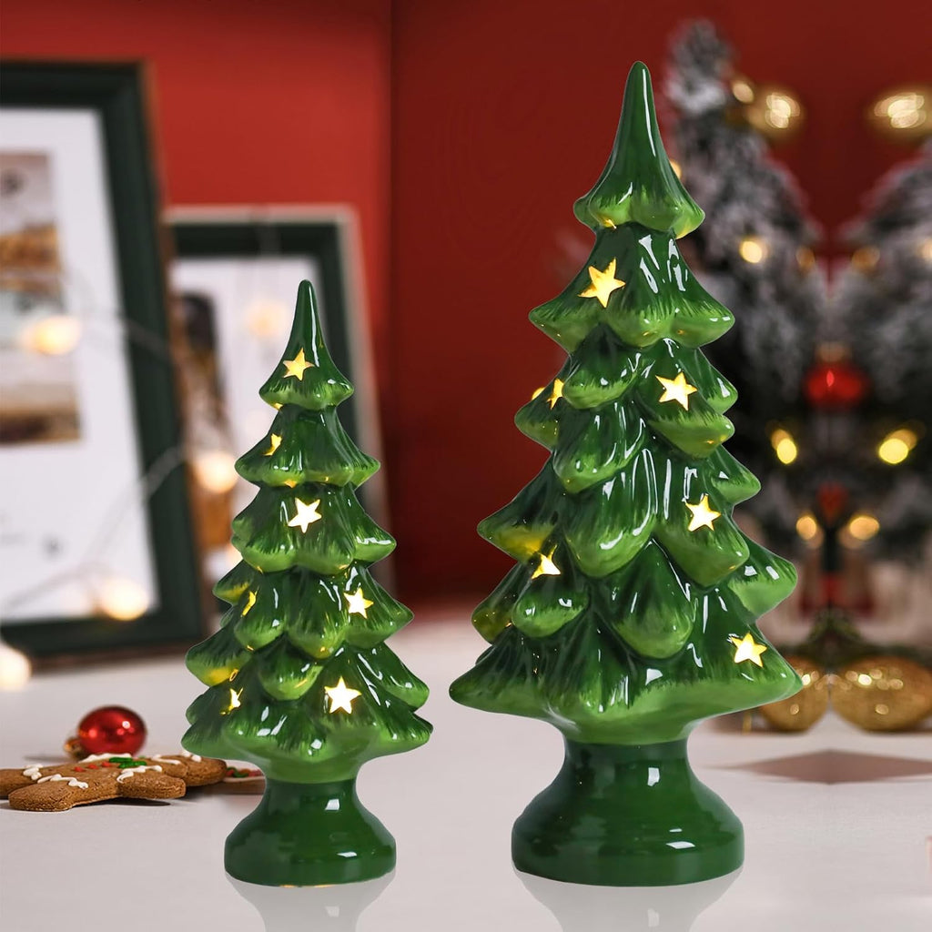 Taman Ceramic Christmas Tree | Light Up Tabletop Decoration Set of 2 - 10” & 7.5” with Warm Lights