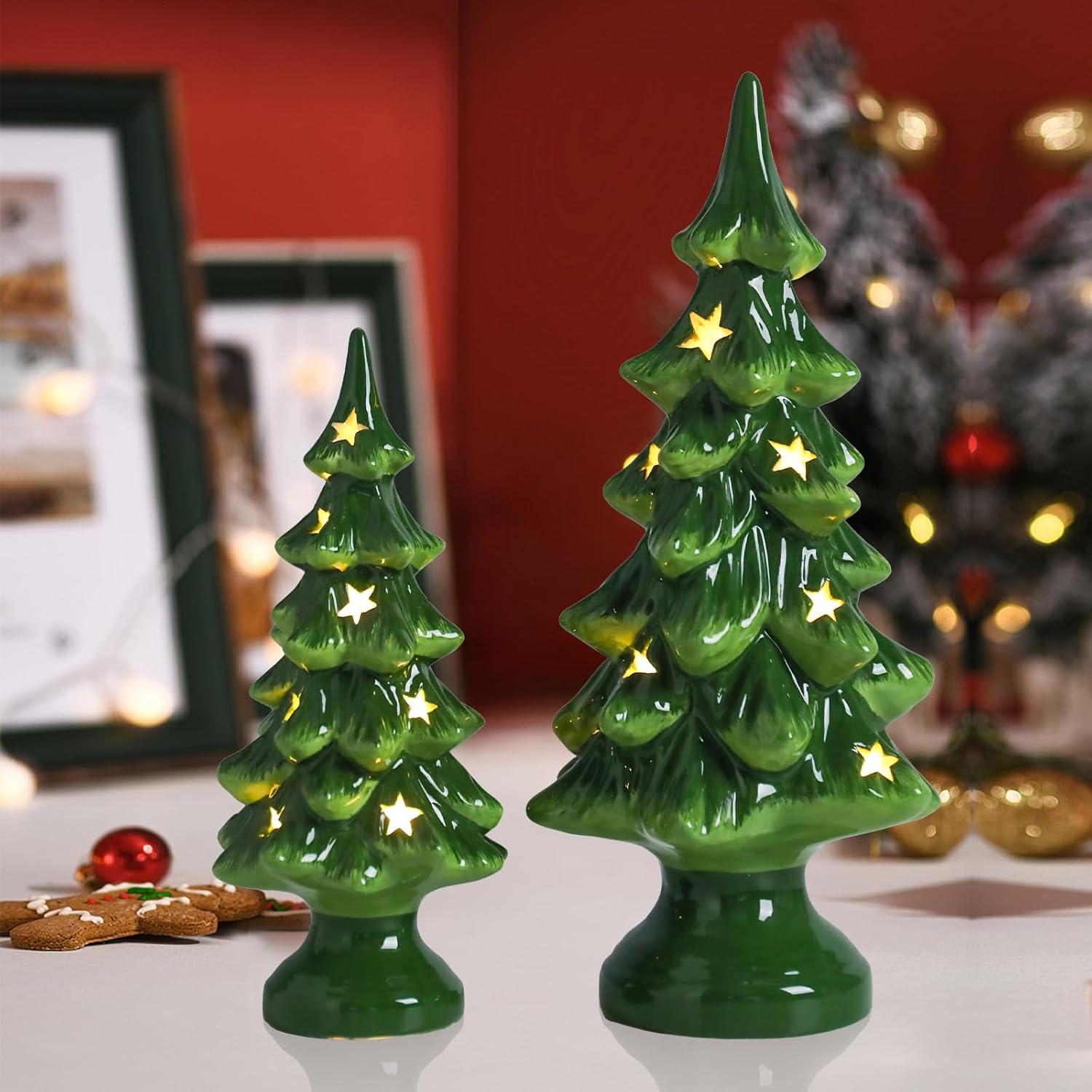 Taman Ceramic Christmas Tree | Light Up Tabletop Decoration Set of 2 - 10” & 7.5” with Warm Lights