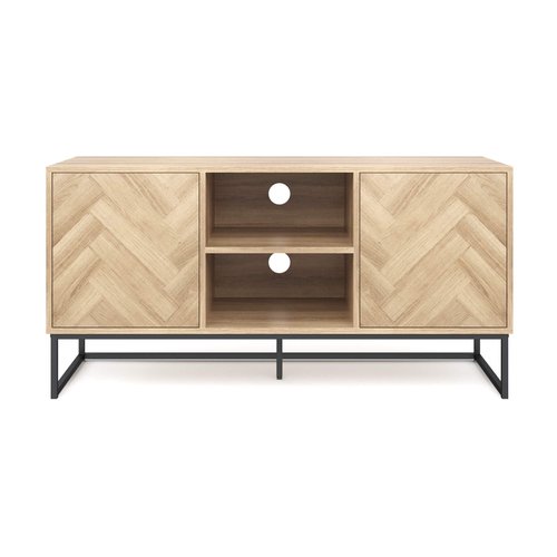 Nathan James Dylan Media Console Cabinet or TV Stand with Doors for Hidden Storage in a Natural Reclaimed Oak Herringbone Wood Pattern and Metal, Oak/Matte Black