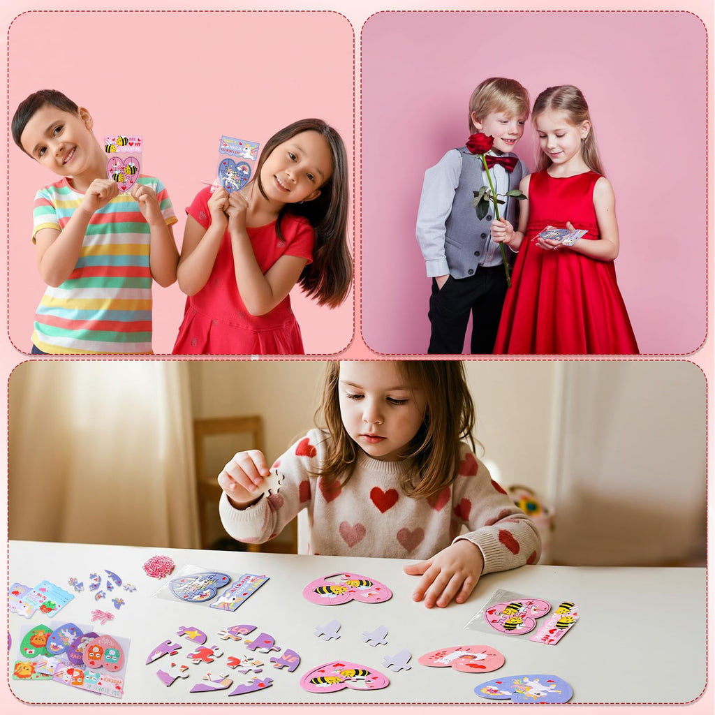 Seenelling 36 Sets Valentines Gifts for Kids Classroom Exchange, Animal Heart Puzzles with Cards, Clear Gift Bags & Clip, Cute Classroom Bulk Valentine Party Favors for Boys Girls School Gift Exchange