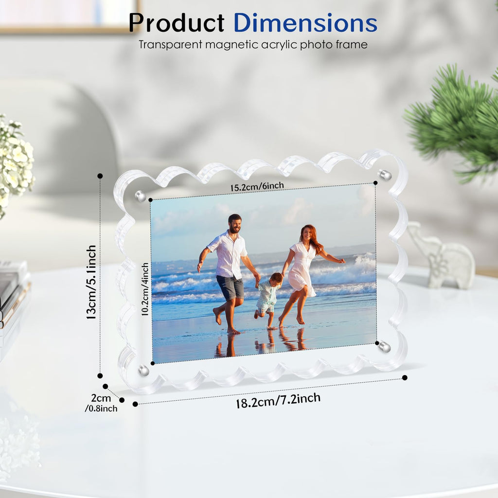 Novacrylion Scalloped Magnetic Picture Frame 4x6 Inch - 2Pack Clear Acrylic Photo Frame, 20mm Thick Double-Sided Magnet Design, Trendy Desktop Display for Home/Office Decor (2 Pack, 4X6)