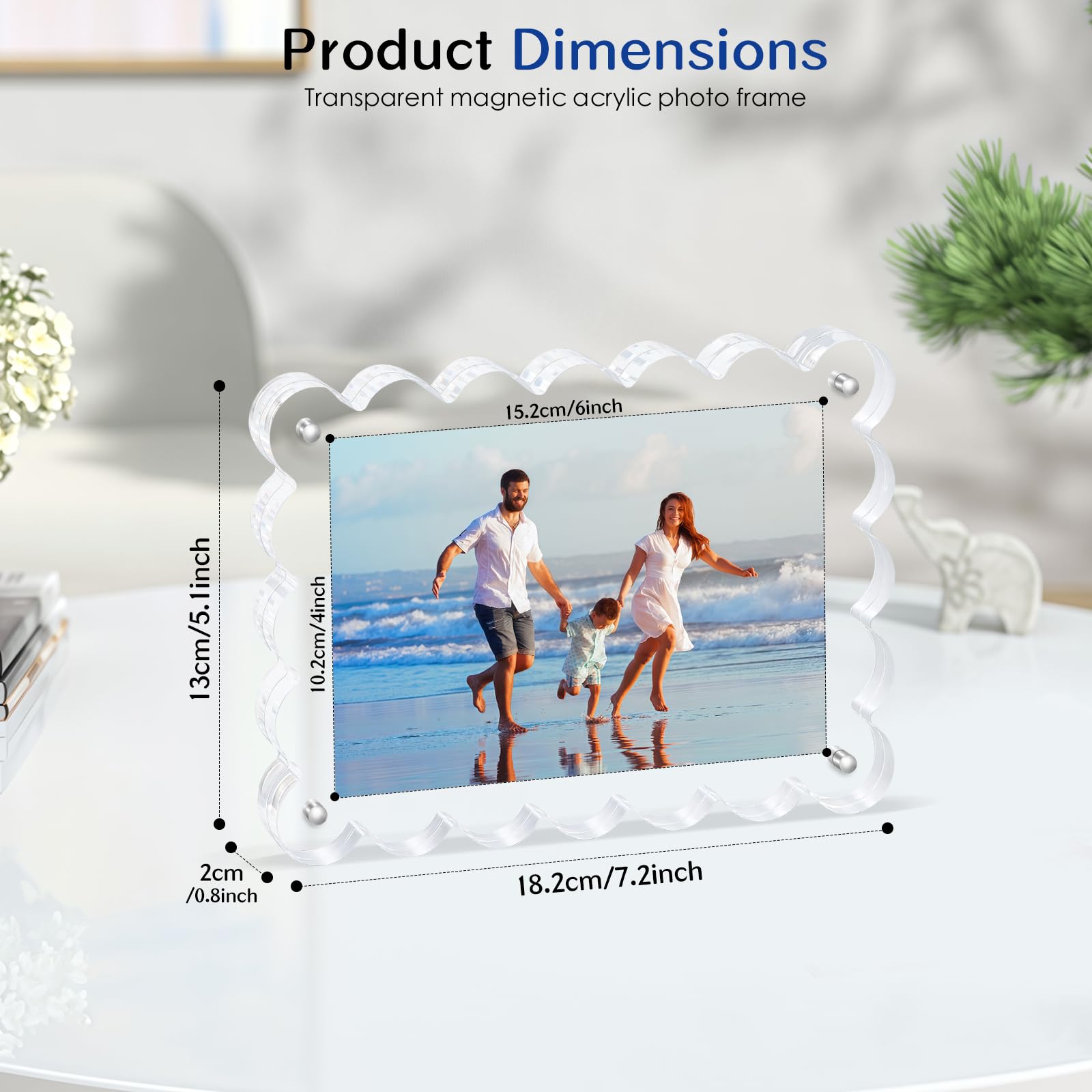 Novacrylion Scalloped Magnetic Picture Frame 4x6 Inch - 2Pack Clear Acrylic Photo Frame, 20mm Thick Double-Sided Magnet Design, Trendy Desktop Display for Home/Office Decor (2 Pack, 4X6)
