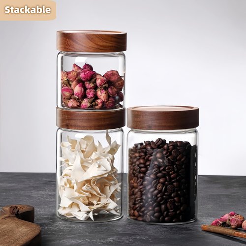Brighomrom Set of 2 Glass Food Storage Jars, Premium Clear Glass Container Jar with Airtight Wooden Screw Lid, Kitchen Canisters for Coffee,Tea,Pasta,Cookies, Nuts,Spice,Candy,Overnight Oatmeal