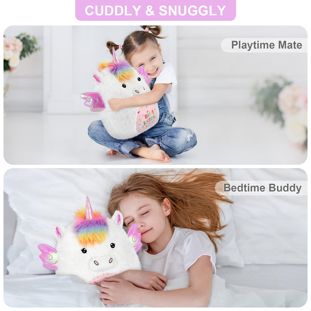 SuzziPals 17'' Happy Birthday Unicorn Plush Pillow, Soft & Squishy, White Unicorn Stuffed Animal for Cuddle, Plushie Room Decor, for Girls & Boys