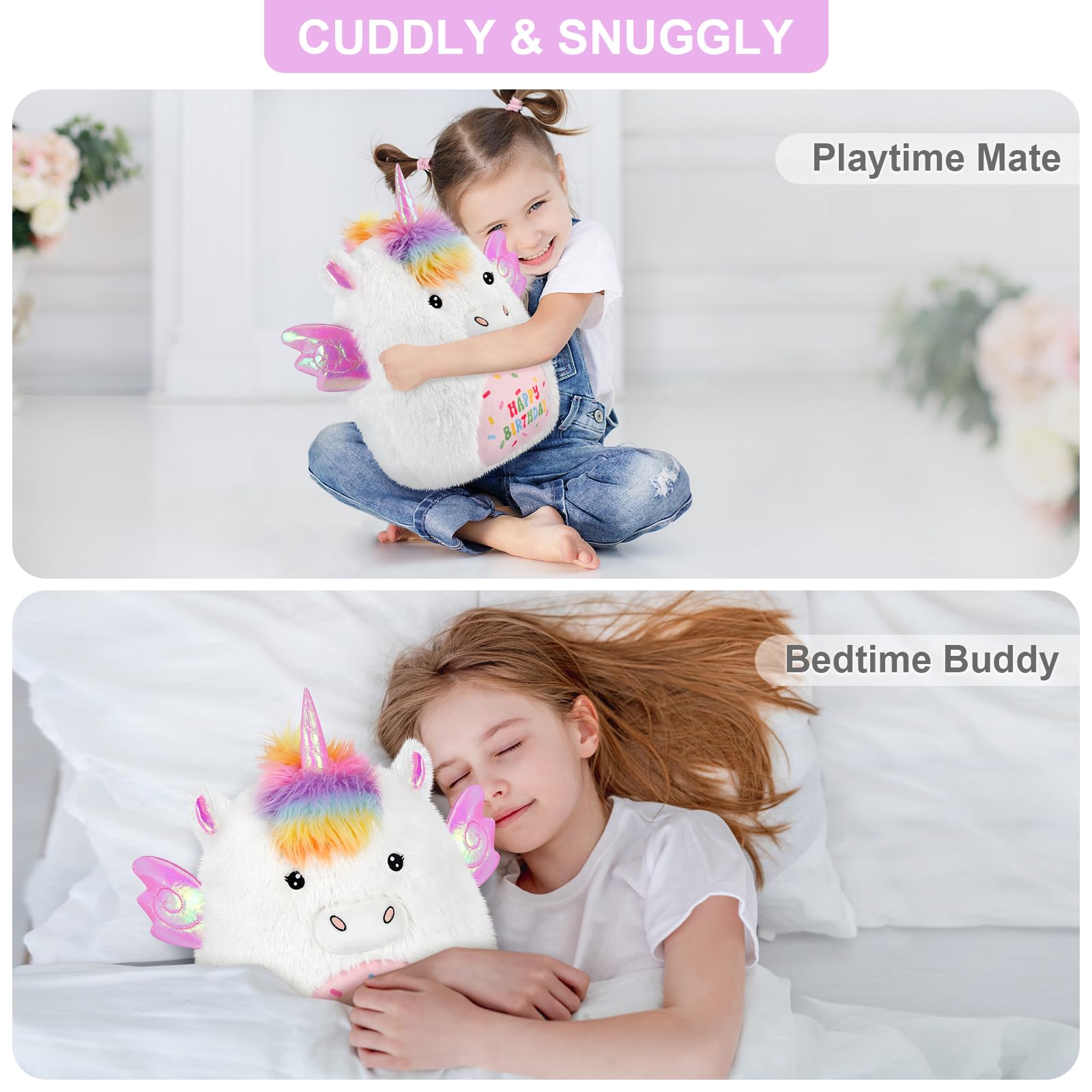 SuzziPals 17'' Happy Birthday Unicorn Plush Pillow, Soft & Squishy, White Unicorn Stuffed Animal for Cuddle, Plushie Room Decor, for Girls & Boys