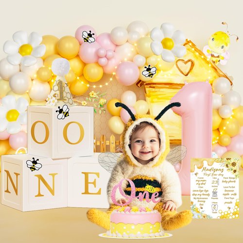 Fiesec First Bee Day Decorations Girl – 108PCs Honey Bee Themed 1st Birthday Party Supplies with So Sweet to Bee One Backdrop, Banner, Pink Yellow Balloon Garland Kit, Tablecloth