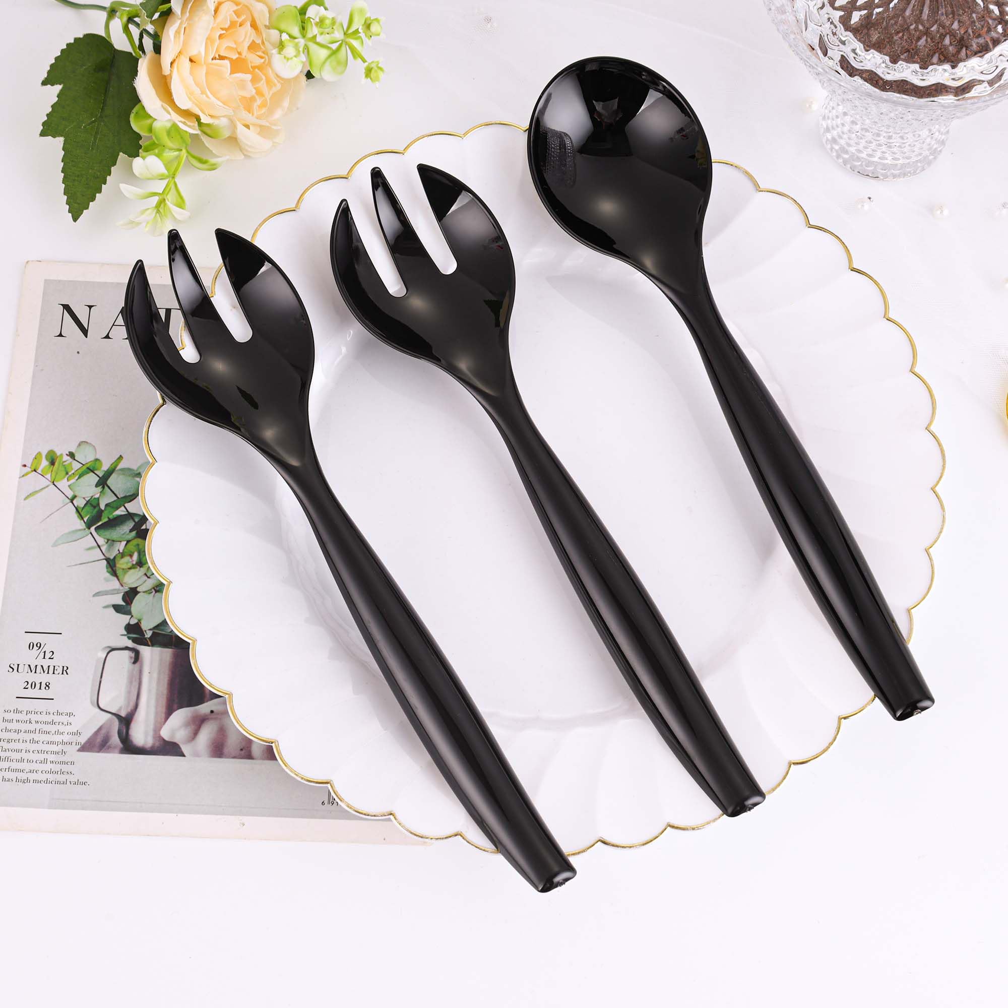 Mwellewm 48 Pcs Serving Spoons 10'' Large Plastic Serving Utensils Set Slotted Disposable Serving Forks Heavy Duty Black Party Supplies for Buffet Restaurant Dinner Salad Noodles Soup