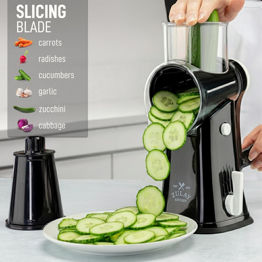Zulay Kitchen Rotary Cheese Grater - 5 Blade Manual Cheese Shredder with Suction Base & Interchangeable Drums