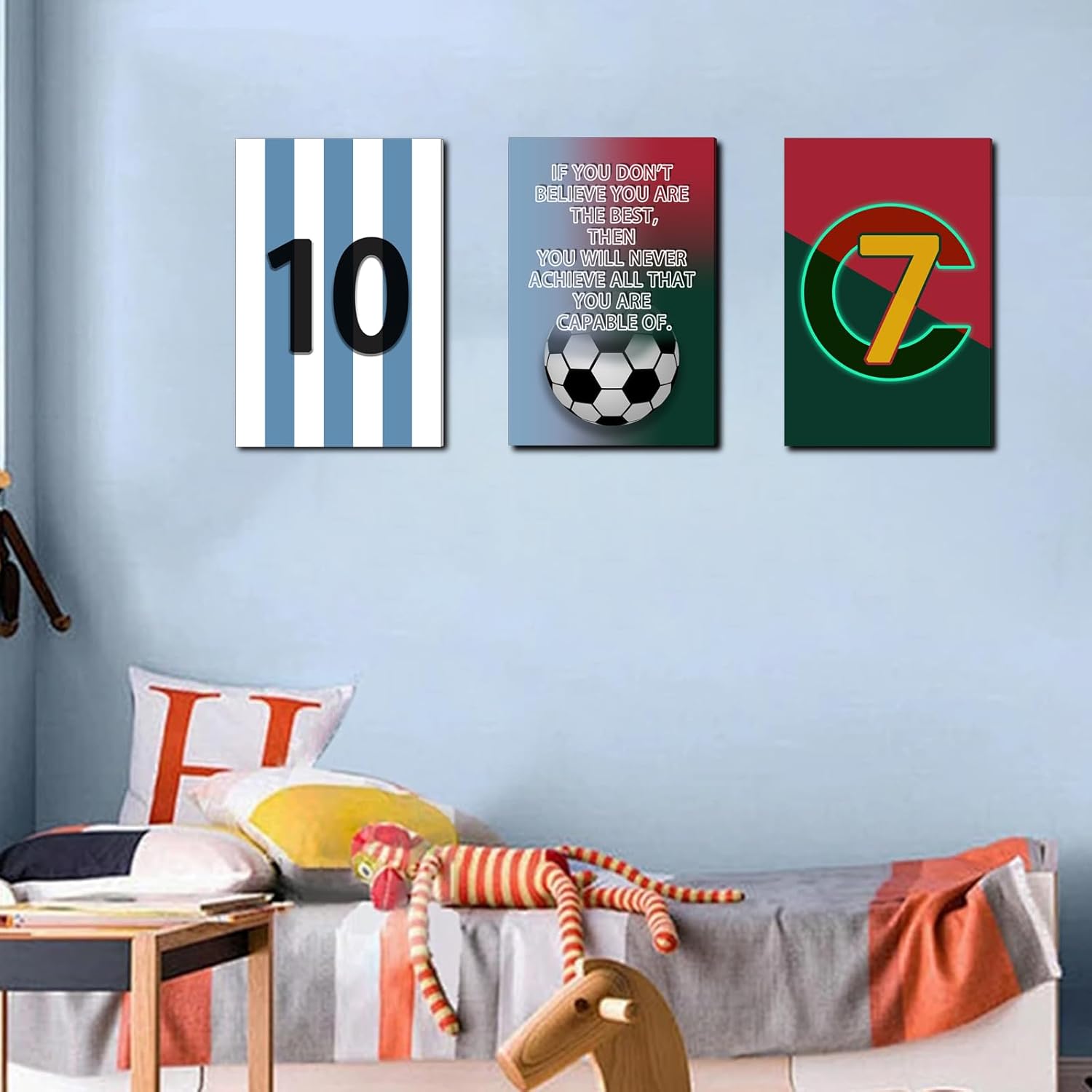 Pormipone Football Wall Art Decor - 3 Pcs Soccer Canvas Paintings for Boys Room | 16x24 in