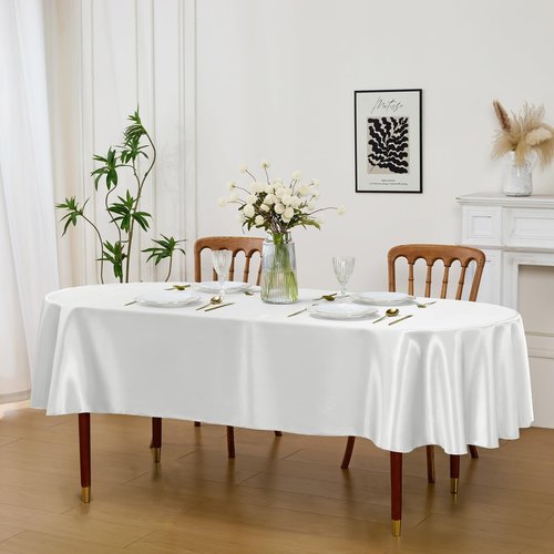 Cobedzy White Satin Oval Tablecloth 60 x 84 Inch for 6-8 Seats, Washable & Wrinkle Resistant Stain Resistant Fabric Table Cover for Wedding, Banquet, Party, Dining, Kitchen, Indoor Outdoor Use