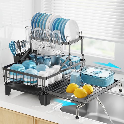 GSlife Large Dish Drying Rack 2 Tier, Expandable Kitchen Dish Drainer for Pots and Pans, 360° Swivel Spout, Rust-Resistant Metal Dish Rack with Utensil & Cup Holder, 16.9" W x 14.4"-22.4" L, Black