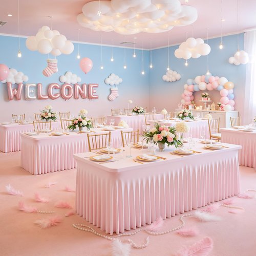 Baby Pink Table Cloth for 8 Foot Rectangle Tables Fitted Stretch Spandex Table Cover with Skirt 8ft Baby Shower Birthday Party Banquet Ruffle Tablecloth Wedding Table Cloths Desk Skirt, 2 Pack