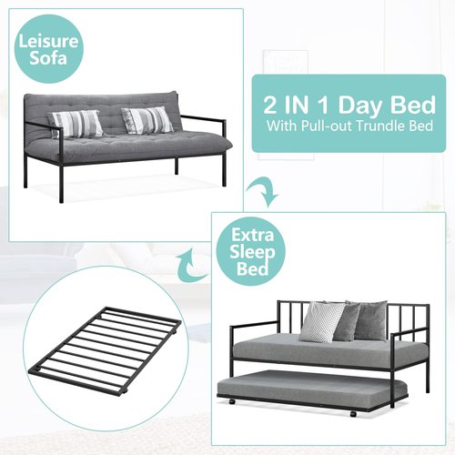 COSTWAY Twin Size Daybed and Trundle, Metal Frame Daybed and Roll Out Trundle w/Steel Slat Support & 4 Lockable Casters, Heavy-Duty Daybed for Guest Room, Bedroom (Black)