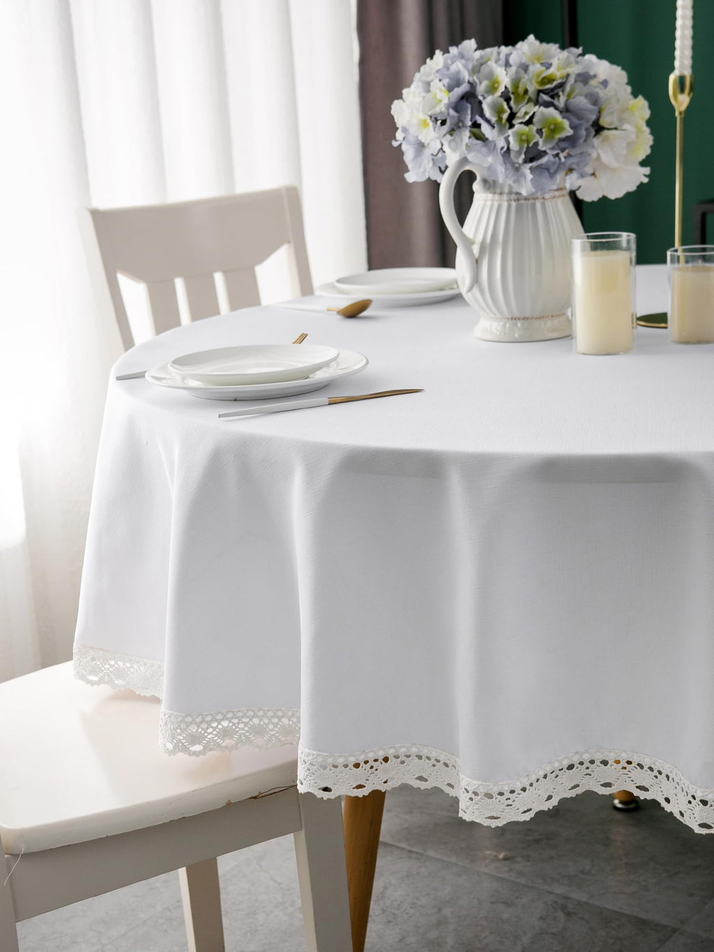 EHouseHome Faux Linen Tablecloth with Lace Trim - Waterproof/Spill Proof/Stain Resistant/Wrinkle Free/Oil Proof - for Banquet, Parties, Dinner,Wedding,Holiday,White Round 70Inch