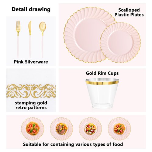 Ciaell 175 PCS Pink Scalloped Plastic Plates with Gold Trim - Pink Plastic Silverware with Handle - Fancy High-End Dinnerware Sets for Wedding & Baby Showers & Party & Easter