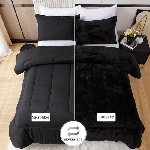 YIYEA Faux Fur Queen Size Comforter Set, Luxury Ultra Soft Fluffy Comforter, Plush Fuzzy Bedding Comforter Sets for Fall Winter, Cozy Warmth, No Shedding, 3PC, Queen, Black