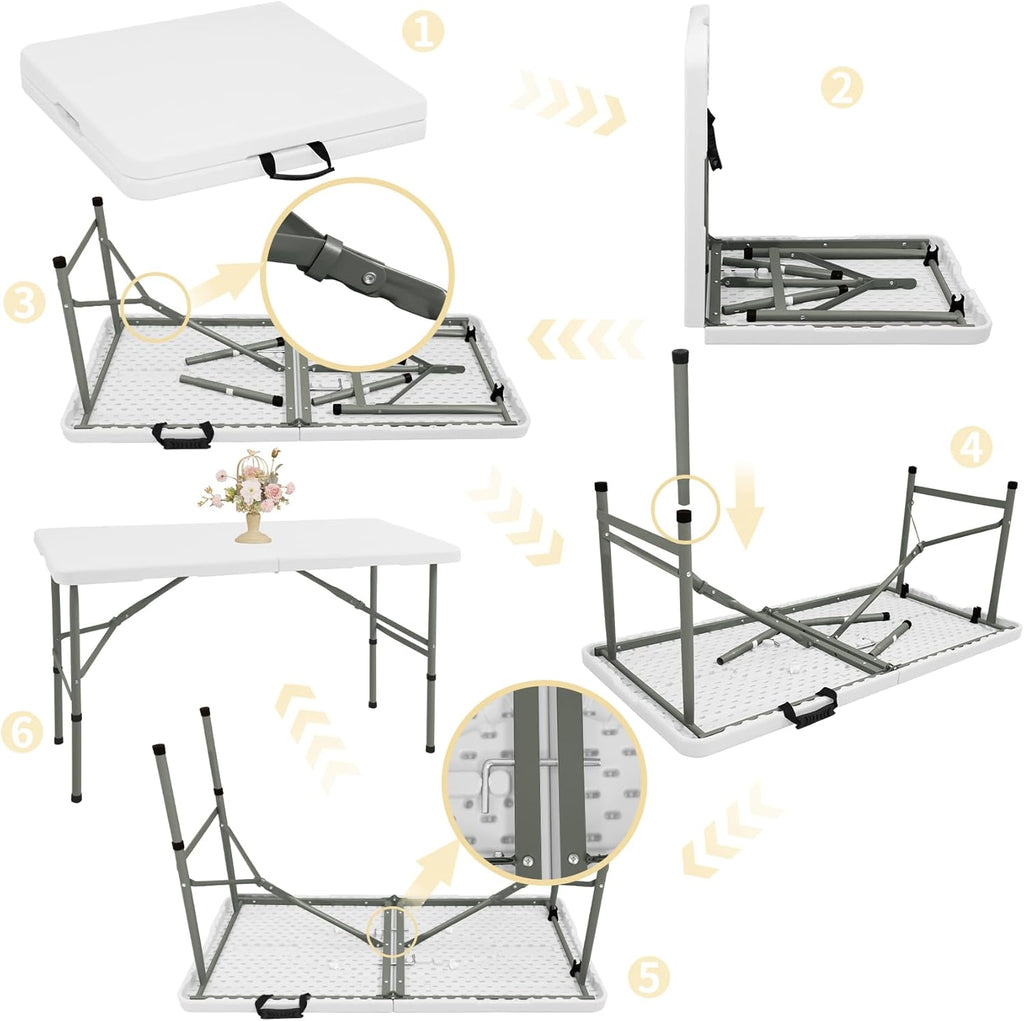 Regine Switzerland Folding Camping Table Set of 2 - 4FT Heavy-Duty Plastic with Steel Legs | Portable & Versatile for Indoor/Outdoor Events (White)
