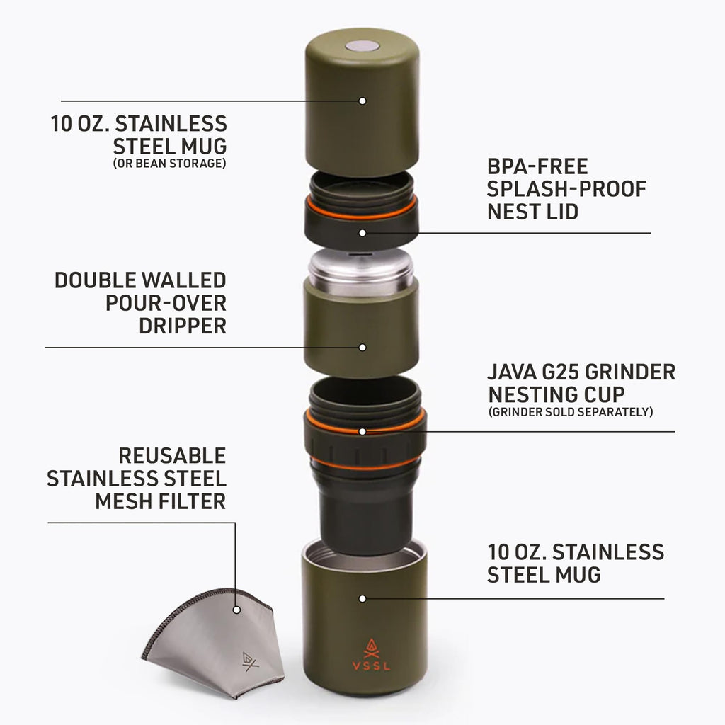VSSL - Nest Pour Over Coffee Kit | Coffee Maker for Camping | All-In-One Travel Pour Over | Transportable Dripper, Two 10oz Stainless Steel Travel Mugs | Compact Storage & Adventure Ready | Deep Moss