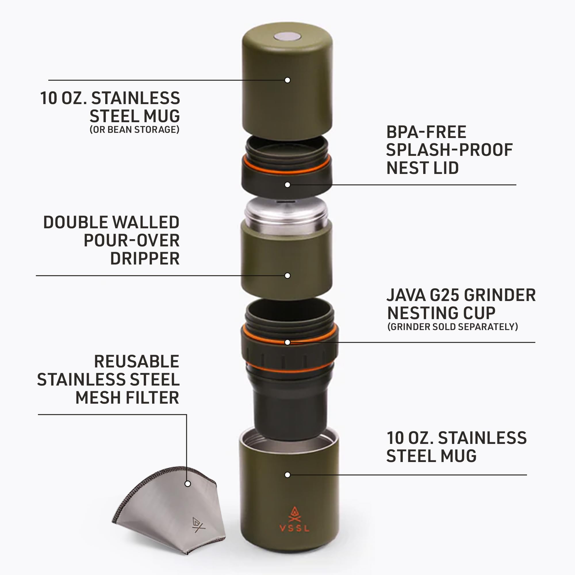 VSSL - Nest Pour Over Coffee Kit | Coffee Maker for Camping | All-In-One Travel Pour Over | Transportable Dripper, Two 10oz Stainless Steel Travel Mugs | Compact Storage & Adventure Ready | Deep Moss
