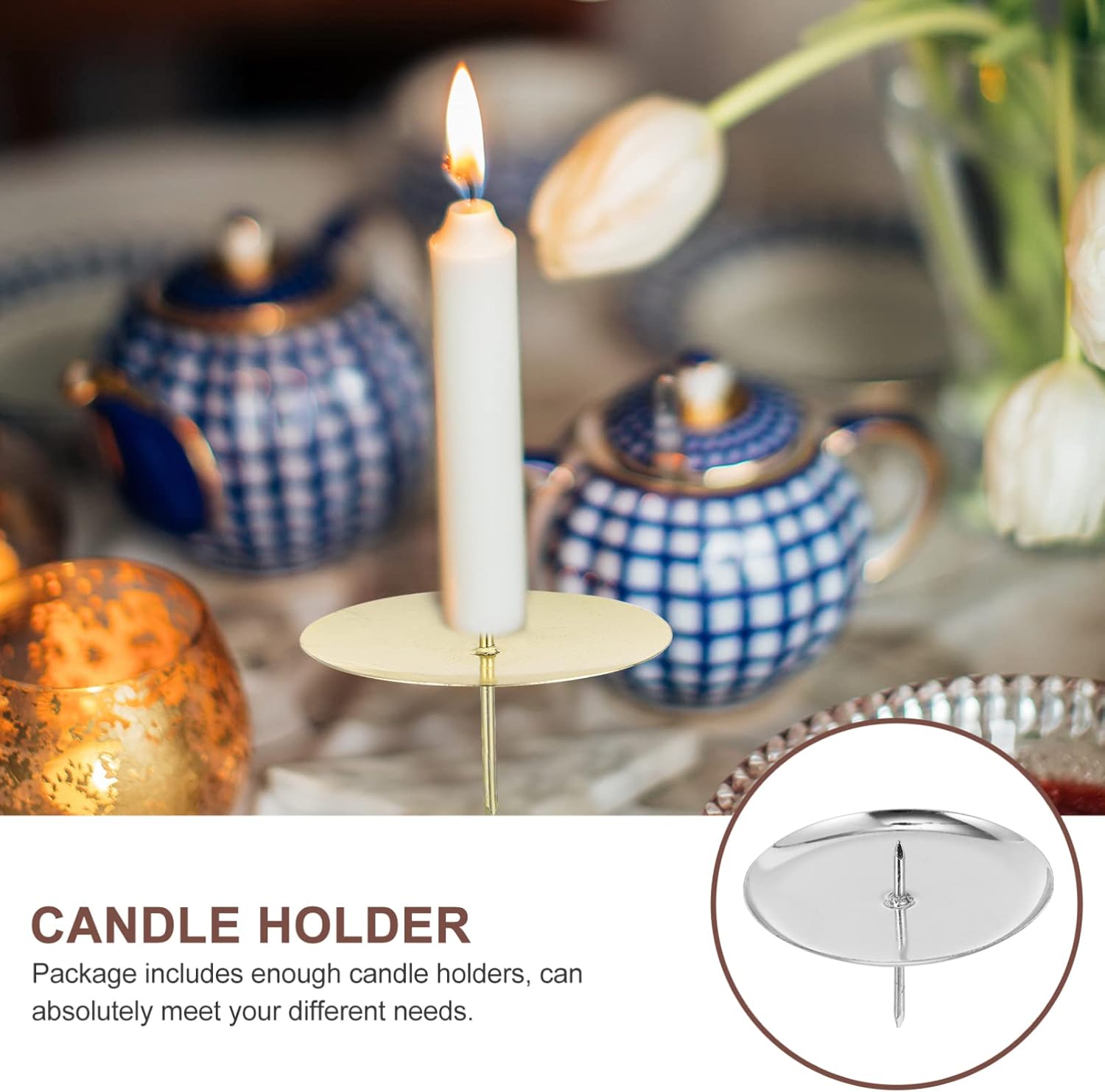 Skiennix Metal Round Pin Candle Holders - 10PCS Silver Candle Spike Plates for Weddings & DIY Decor
