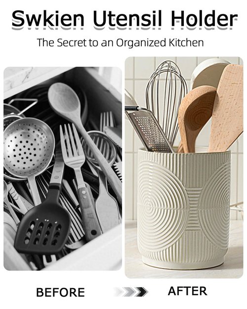 Swkien Utensil Holder, 7.2" Kitchen Utensil Holder for Counter, 2-in-1 Ceramic Cooking Utensils Holders with Spoon Rest, Utensil Crock for Spatula, Ideal Housewarming Gift (Beige)