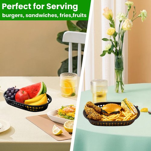 100 Pack Fast Food Baskets, 10.5 x 7 Inch Black Restaurant Tray Plastic Food Serving Baskets Bulk for Deli Serving, Chicken, Burgers, Picnics, Parties (100)