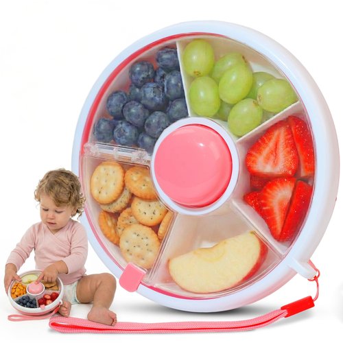 TRENDO Snack Spinner for Toddlers – Pink Rotating Snack Container, BPA & PVC-Free Baby Snack Box, Spill-Proof Toddler Snack Container with Hand Strap, 5 Compartments Travel Snack Box for Kids