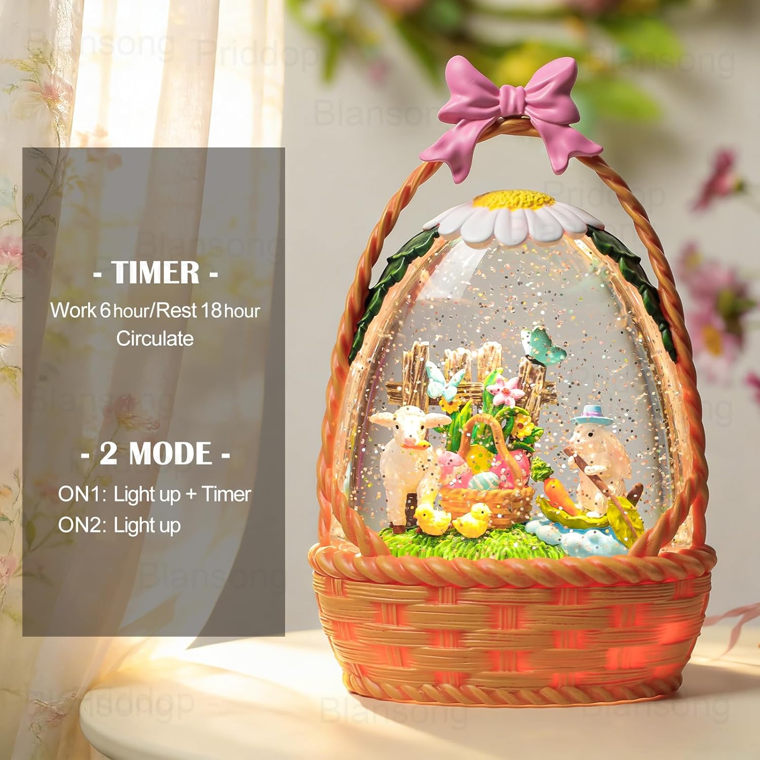 Priddop Easter Bunny Snow Globe | 9.5-Inch Glittering Tabletop Decoration with Timer