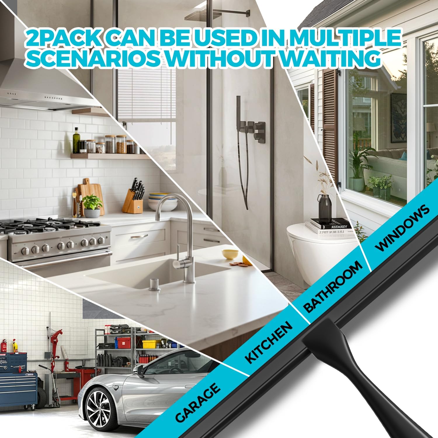 Skiennix 2-Pack All-Purpose Shower Squeegee - Stainless Steel, 10 Inches, Black | Ideal for Glass & Tiles