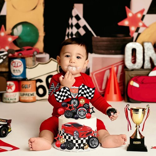 MEMOVAN Racing Wheel Cake Topper 27PCS Race Car Cake Toppers Tyre Cake Decorations Checkered Flag Car Cake Cupcake Decoration for Man Boy Kid Racing Car Theme Birthday Supplies