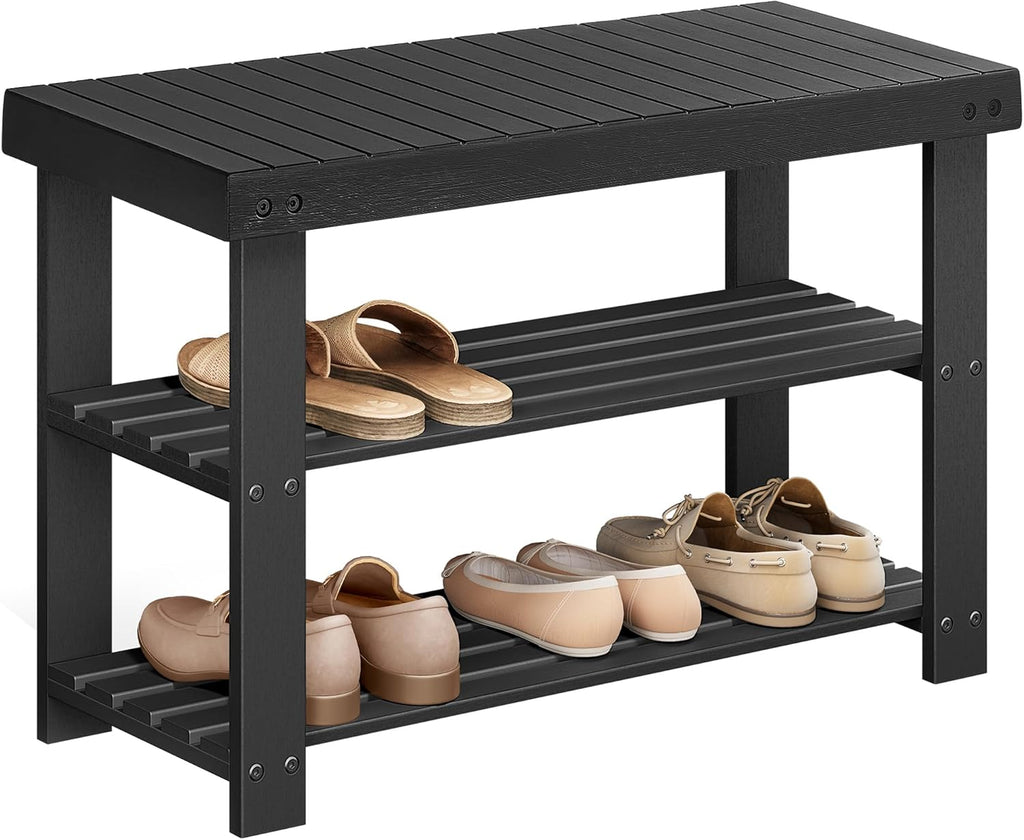 SONGMICS Shoe Rack Bench - 3-Tier Bamboo Storage Organizer | Holds Up to 286 lb, Ink Black, 11.3 x 27.6 x 17.8 Inches