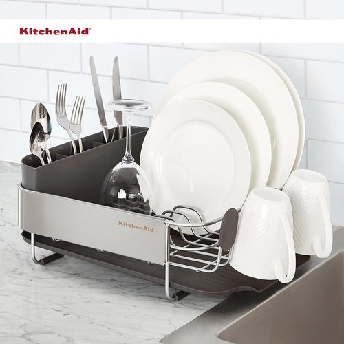 KitchenAid Dish Rack - Compact, Rust Resistant Design with Removable Caddy & Self-Draining Drainboard | 16.06-Inch, Black
